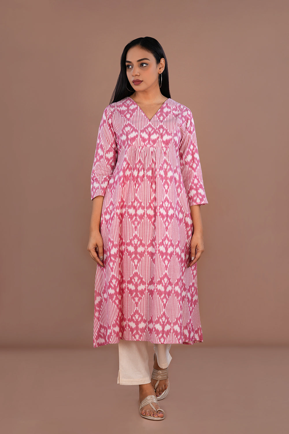 Image of Flamingo Pink Cotton Pochampally Ikat Kurti